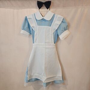 Alice In Wonderland Costume Adult Size S Blue Dress Apron and Black Bow Headband